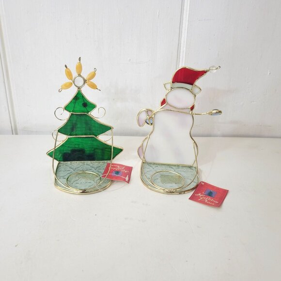 Stained Glass Tealight Holders Snowman and Christmas Tree NWT - Picture 2 of 6